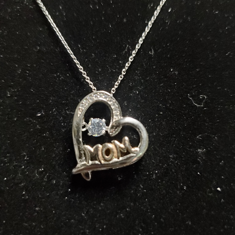 JTV "MOM" Heart Pendant Rhodium ovr Sterling Silver Diamond Simulant Accent